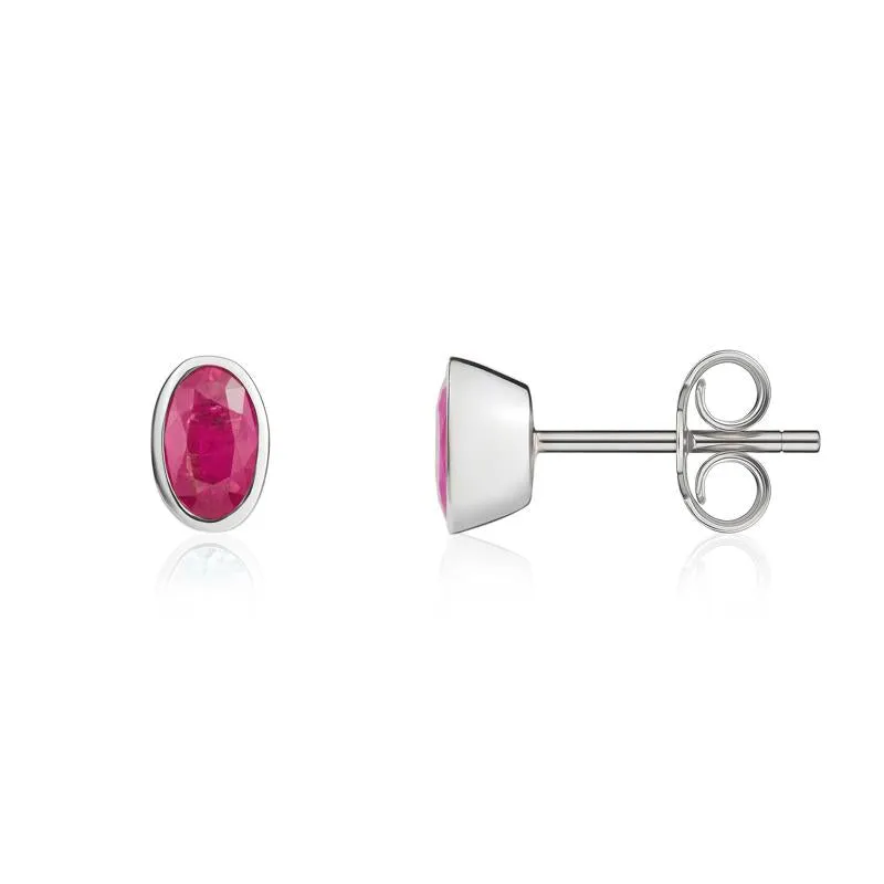 9ct White Gold Ruby 5x3mm Oval Rub Over Set Stud Earrings