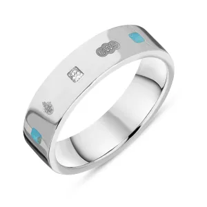 9ct White Gold Turquoise 0.12ct Diamond Queen's Jubilee Hallmark Princess Cut 5mm Ring D