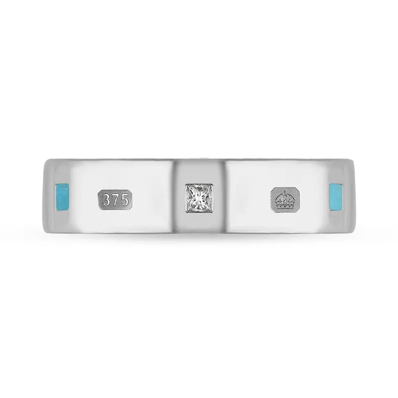 9ct White Gold Turquoise 0.12ct Diamond Queen's Jubilee Hallmark Princess Cut 5mm Ring D