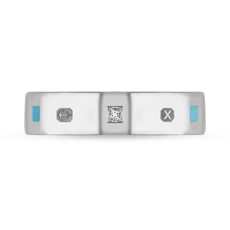 9ct White Gold Turquoise 0.12ct Diamond Queen's Jubilee Hallmark Princess Cut 5mm Ring D