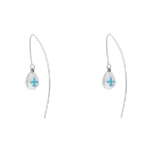 9ct White Gold Turquoise Fleur De Lis Disc Drop Earrings