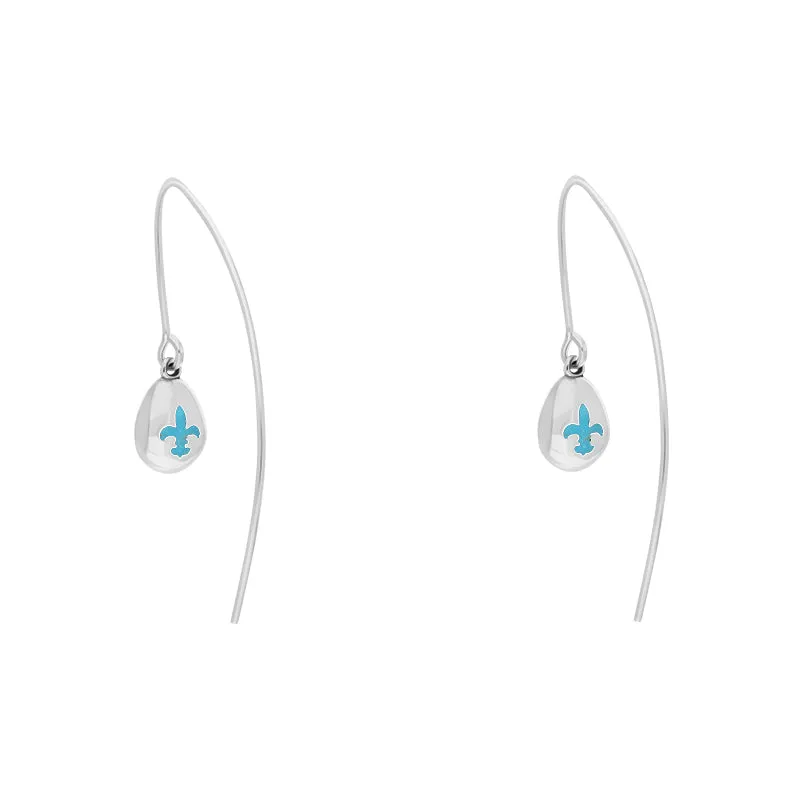 9ct White Gold Turquoise Fleur De Lis Disc Drop Earrings