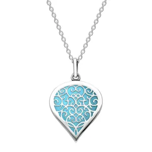 9ct White Gold Turquoise Flore Filigree Medium Heart Necklace