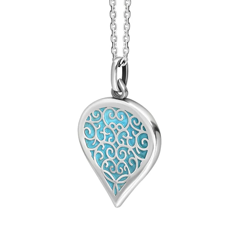 9ct White Gold Turquoise Flore Filigree Medium Heart Necklace