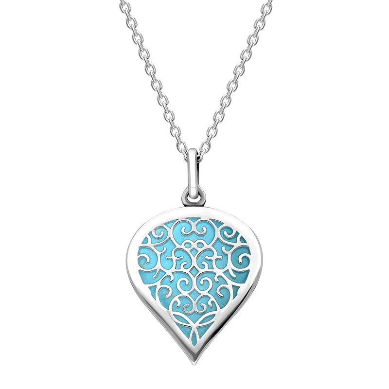 9ct White Gold Turquoise Flore Filigree Medium Heart Necklace