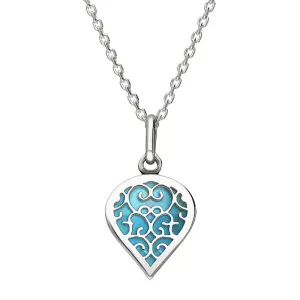 9ct White Gold Turquoise Flore Filigree Small Heart Necklace