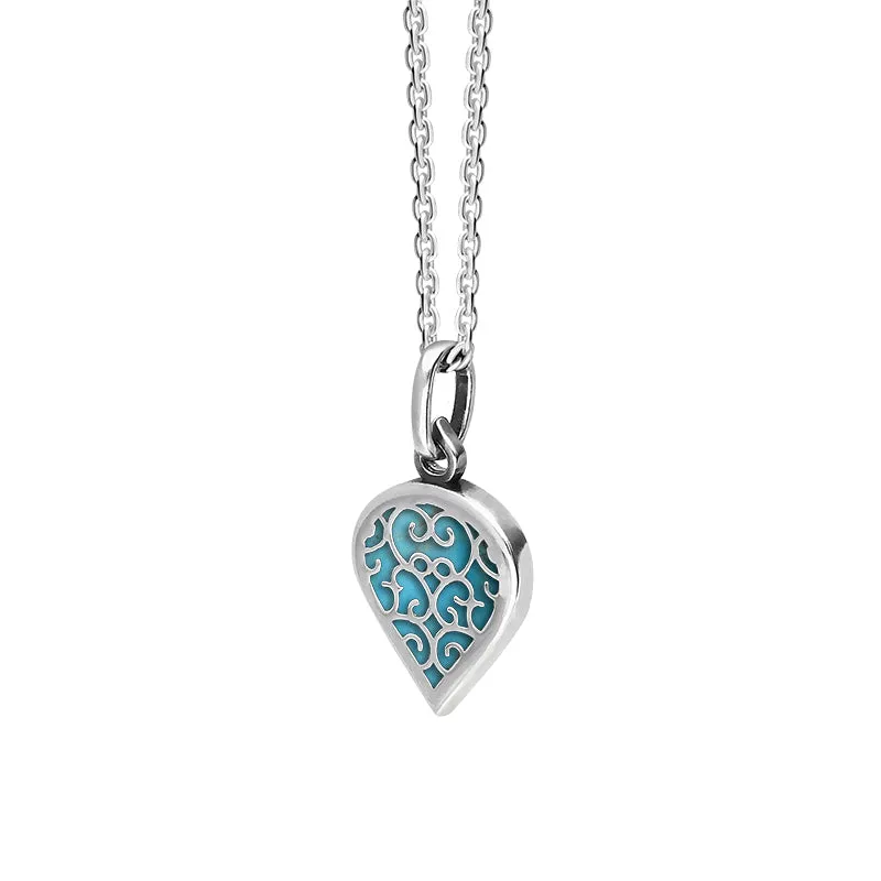 9ct White Gold Turquoise Flore Filigree Small Heart Necklace