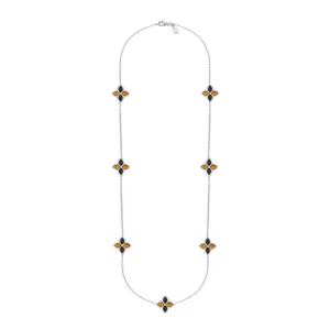 9ct White Gold Whitby Jet And Amber Eden Long Marquise Flower Necklace