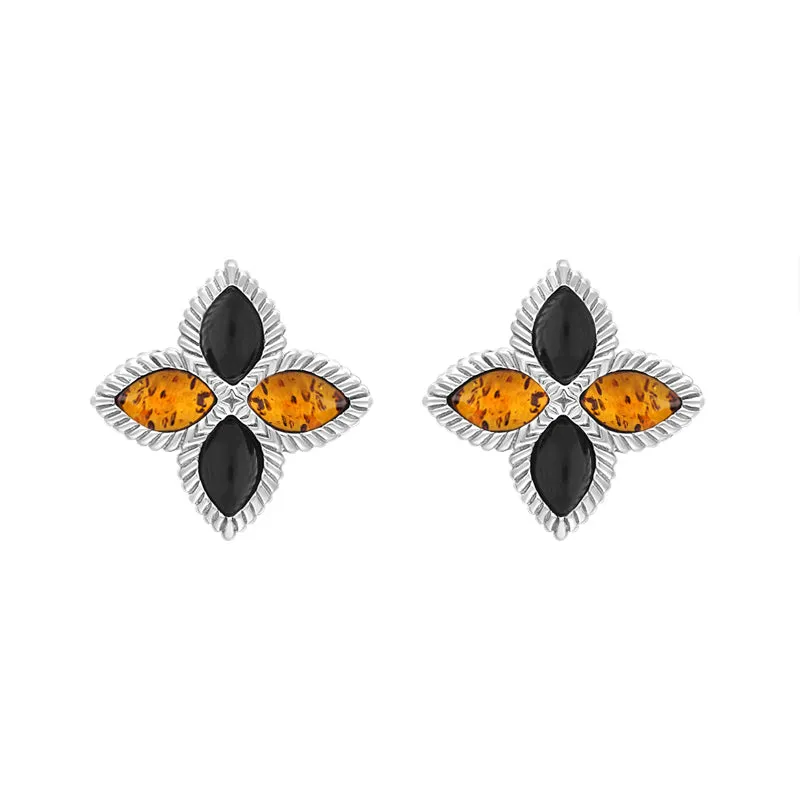 9ct White Gold Whitby Jet And Amber Eden Marquise Flower Stud Earrings