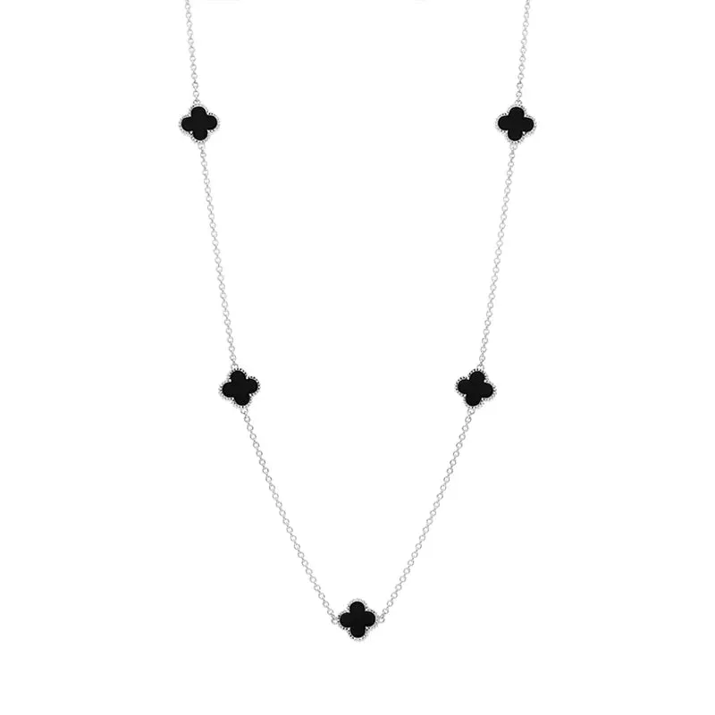 9ct White Gold Whitby Jet Bloom Four Leaf Clover Ball Edge Necklace