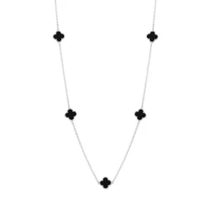 9ct White Gold Whitby Jet Bloom Four Leaf Clover Ball Edge Necklace