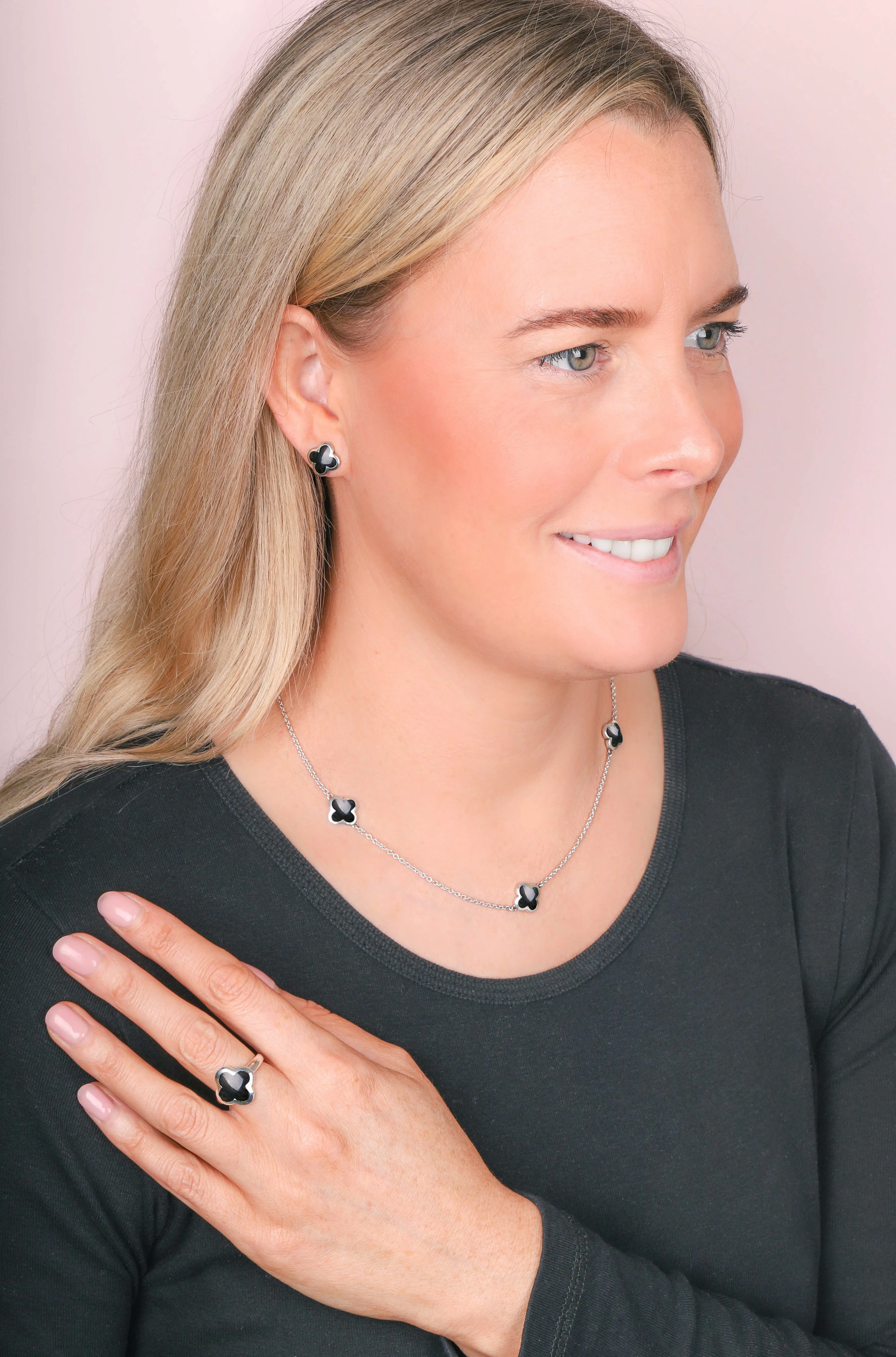 9ct White Gold Whitby Jet Bloom Four Leaf Clover Necklace