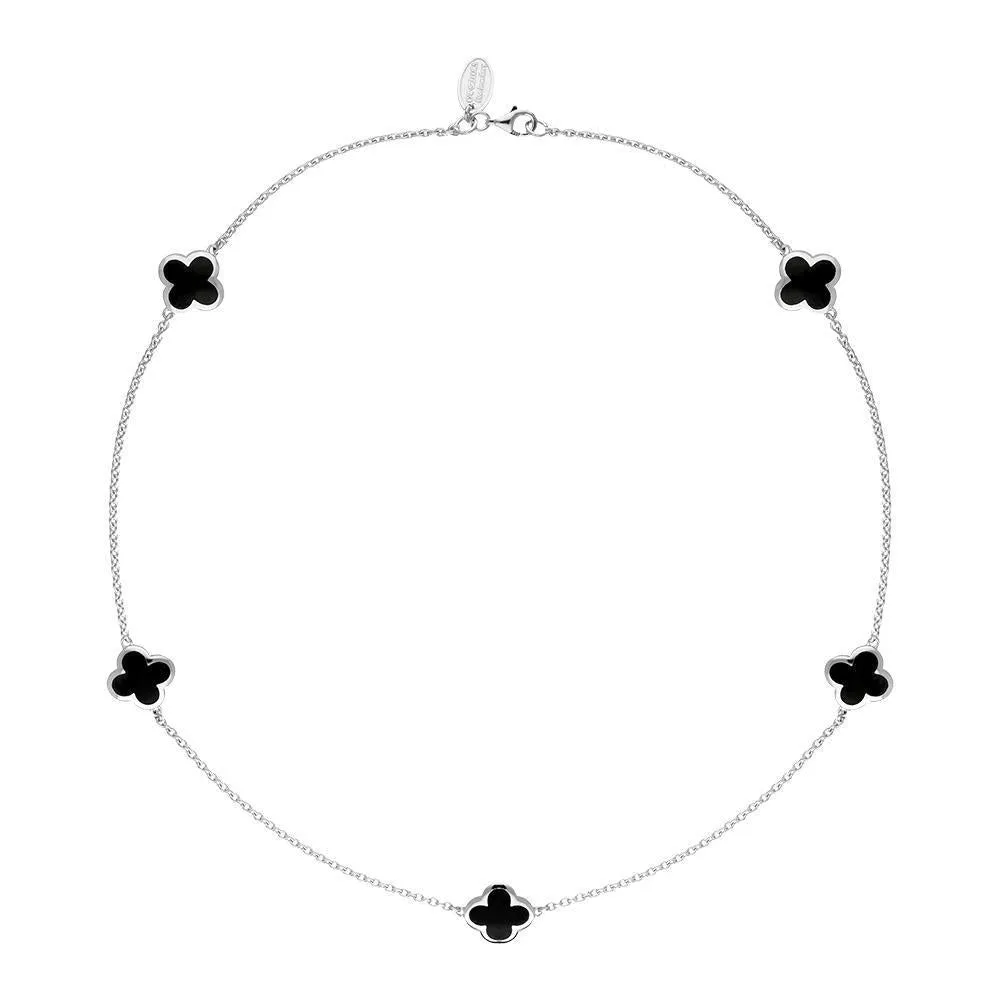 9ct White Gold Whitby Jet Bloom Four Leaf Clover Necklace