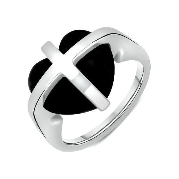 9ct White Gold Whitby Jet Cross Heart Ring
