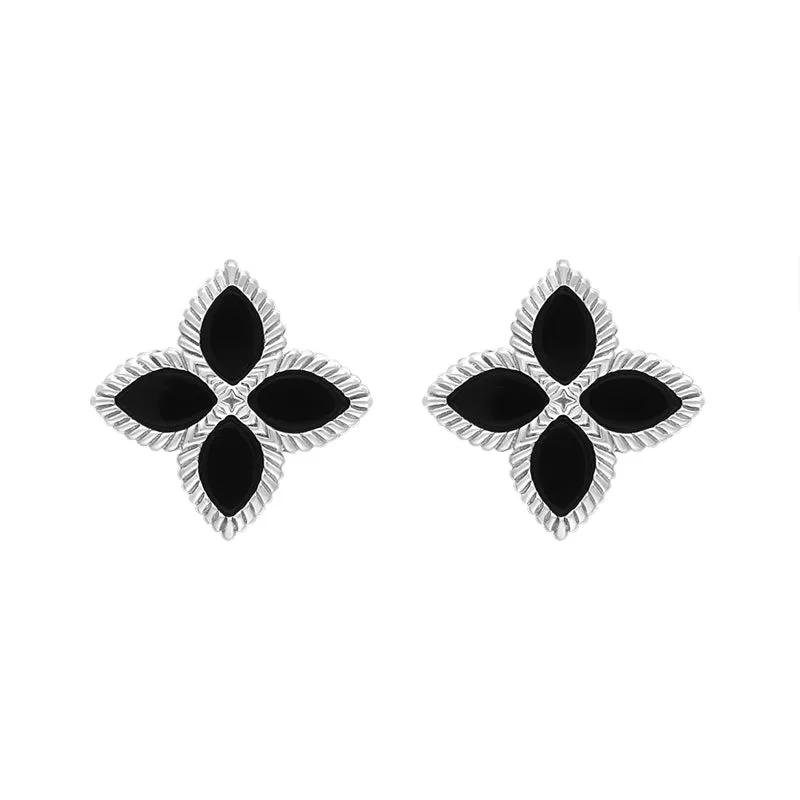 9ct White Gold Whitby Jet Eden Marquise Flower Stud Earrings