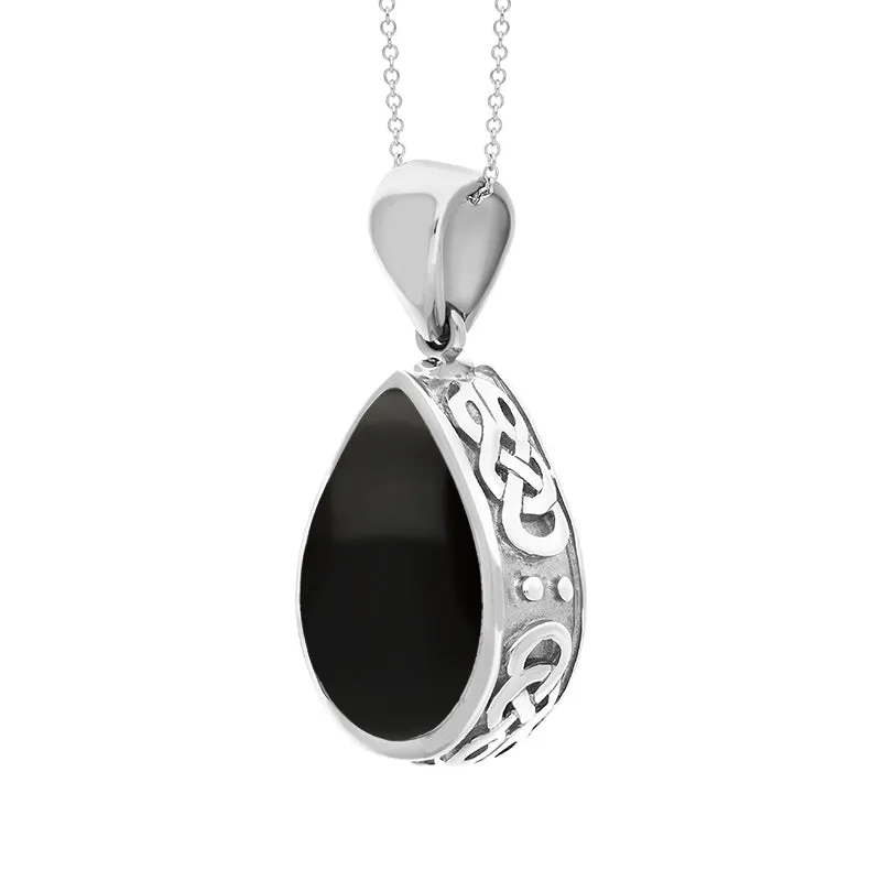 9ct White Gold Whitby Jet Lapis Lazuli Double Sided Celtic Pear Cut Fob Necklace