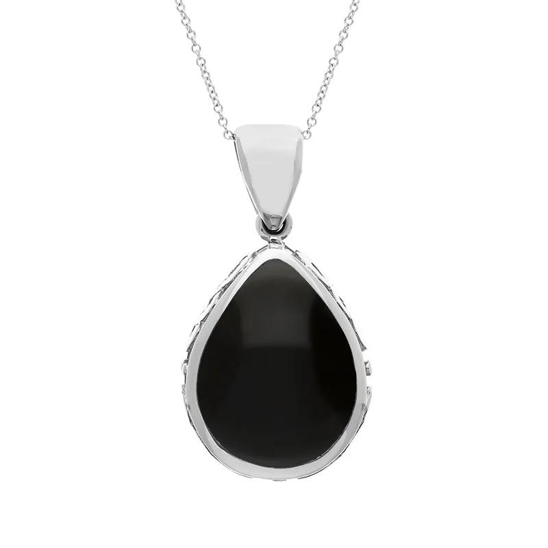 9ct White Gold Whitby Jet Lapis Lazuli Double Sided Celtic Pear Cut Fob Necklace