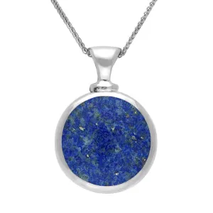 9ct White Gold Whitby Jet Lapis Lazuli Double Sided Round Dinky Fob Necklace