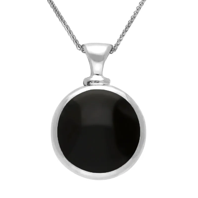 9ct White Gold Whitby Jet Lapis Lazuli Double Sided Round Dinky Fob Necklace