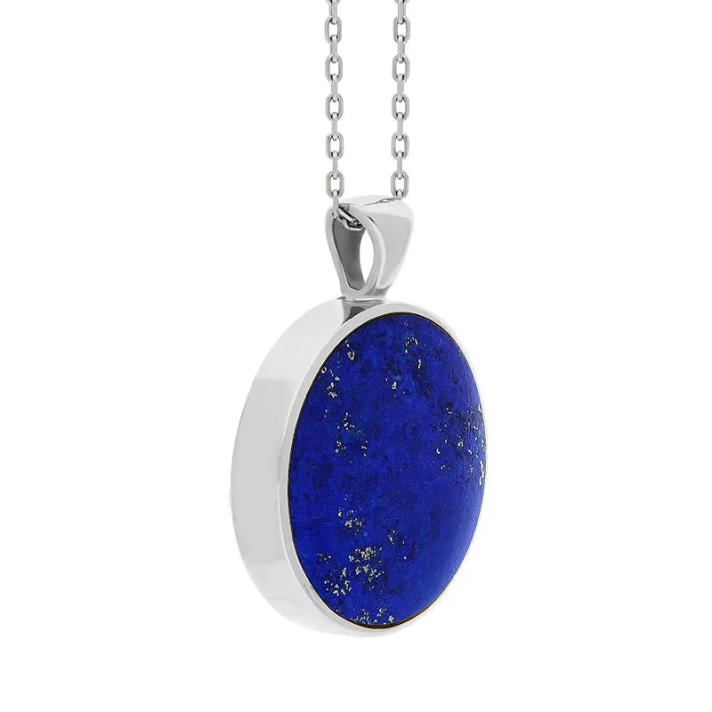 9ct White Gold Whitby Jet Lapis Lazuli Large Double Sided Round Fob Necklace