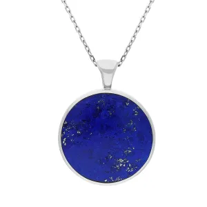 9ct White Gold Whitby Jet Lapis Lazuli Large Double Sided Round Fob Necklace