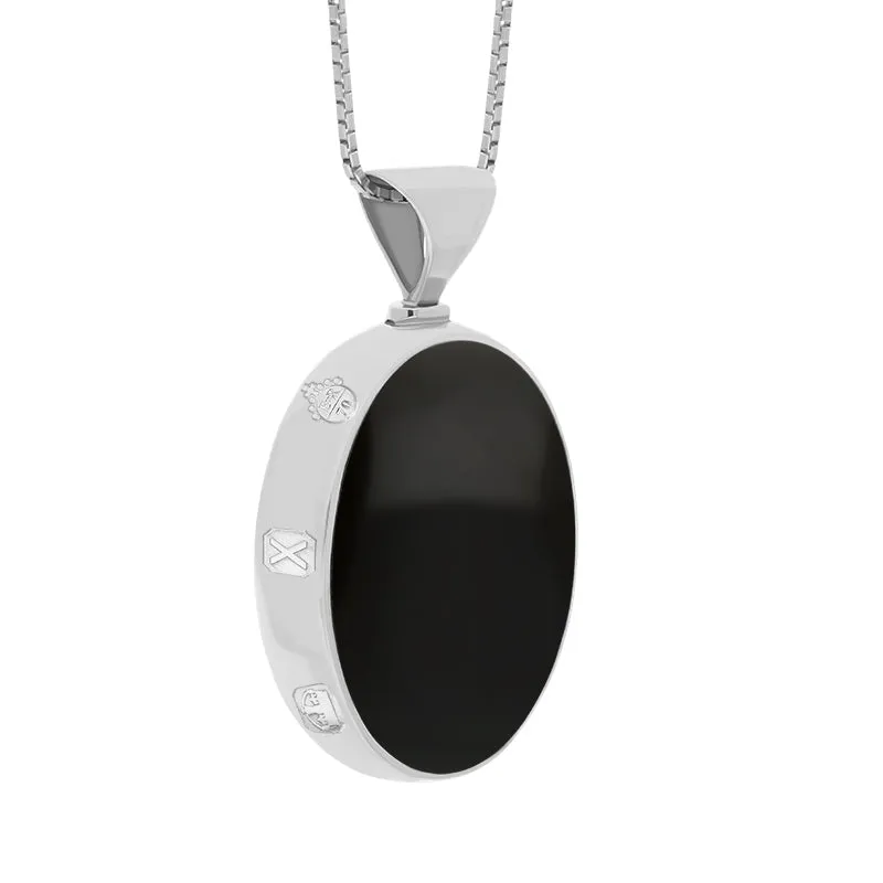 9ct White Gold Whitby Jet Malachite Queens Jubilee Hallmark Double Sided Oval Necklace D