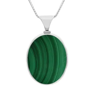 9ct White Gold Whitby Jet Malachite Queens Jubilee Hallmark Double Sided Oval Necklace D
