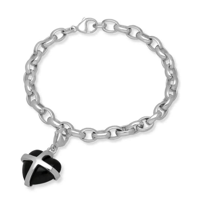 9ct White Gold Whitby Jet Medium Cross Heart Charm Bracelet
