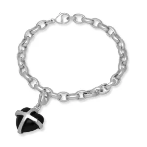 9ct White Gold Whitby Jet Medium Cross Heart Charm Bracelet