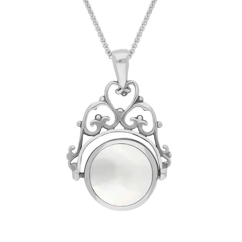 9ct White Gold Whitby Jet Mother Of Pearl Double Sided Round Swivel Fob Necklace