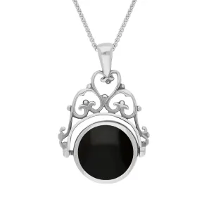 9ct White Gold Whitby Jet Mother Of Pearl Double Sided Round Swivel Fob Necklace