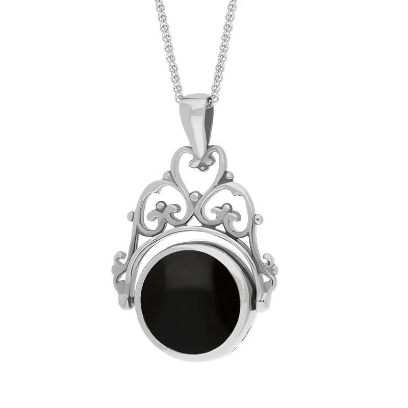9ct White Gold Whitby Jet Mother Of Pearl Double Sided Round Swivel Fob Necklace