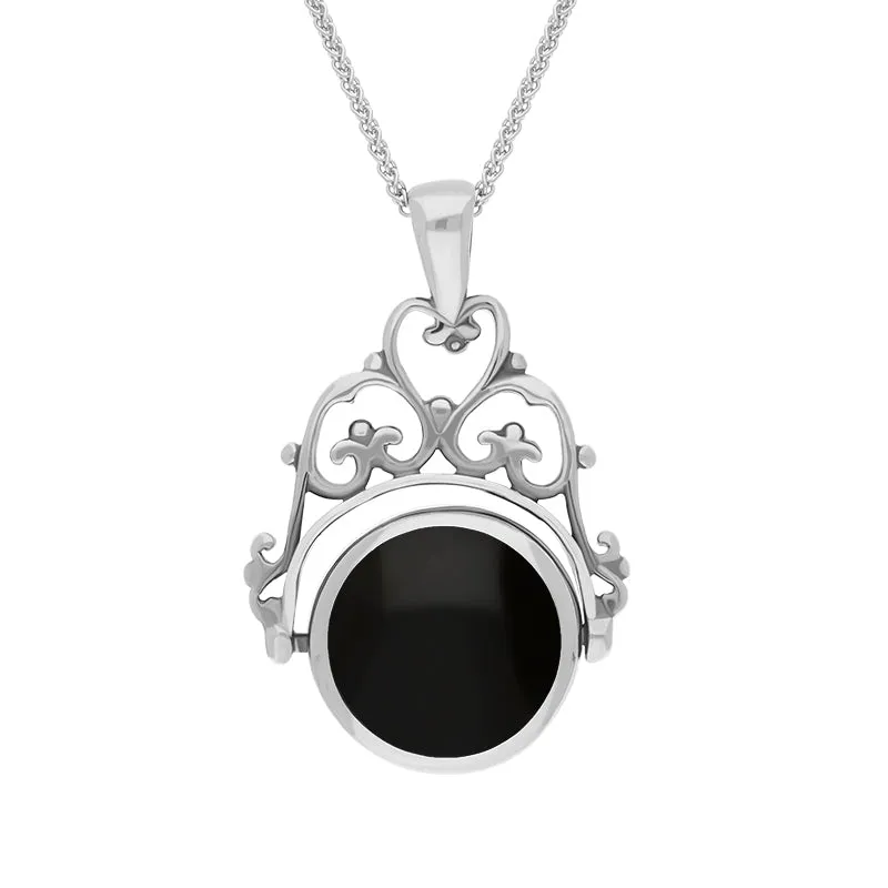 9ct White Gold Whitby Jet Mother Of Pearl Double Sided Round Swivel Fob Necklace