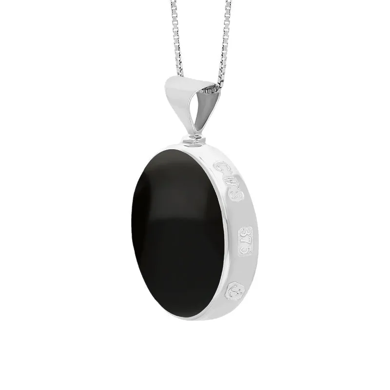 9ct White Gold Whitby Jet Mother of Pearl Queens Jubilee Hallmark Double Sided Round Necklace D