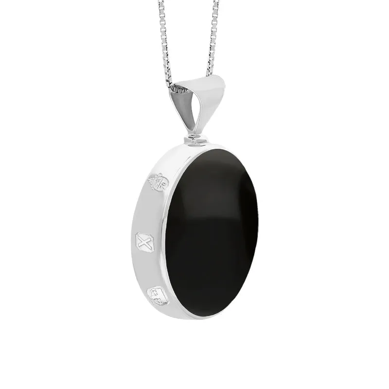 9ct White Gold Whitby Jet Mother of Pearl Queens Jubilee Hallmark Double Sided Round Necklace D
