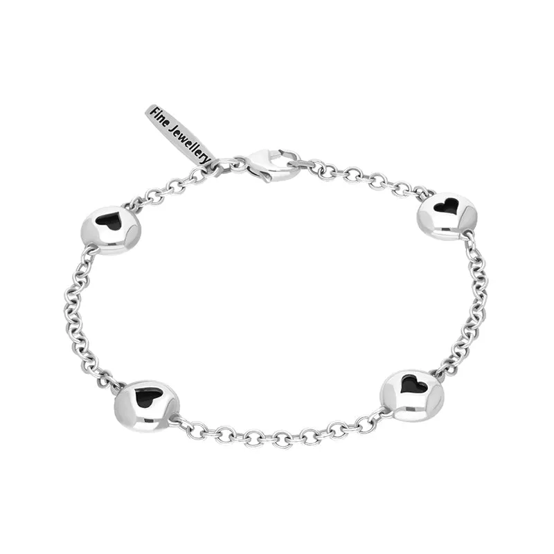9ct White Gold Whitby Jet Oval Heart Detail Four Stone Bracelet