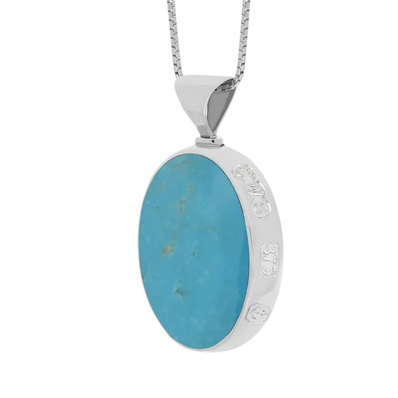 9ct White Gold Whitby Jet Turquoise Queens Jubilee Hallmark Double Sided Oval Necklace D