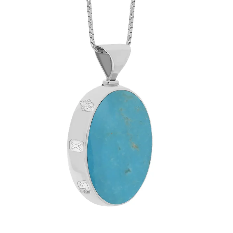 9ct White Gold Whitby Jet Turquoise Queens Jubilee Hallmark Double Sided Oval Necklace D