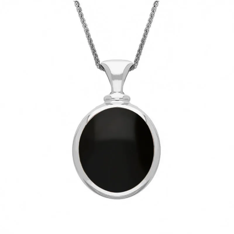 9ct White Gold Whitby Jet Turquoise Small Double Sided Oval Fob Necklace