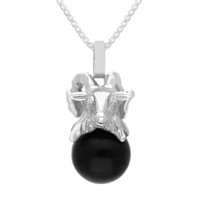 9ct White Gold Whitby Jet Zodiac Aries 8mm Bead Pendant