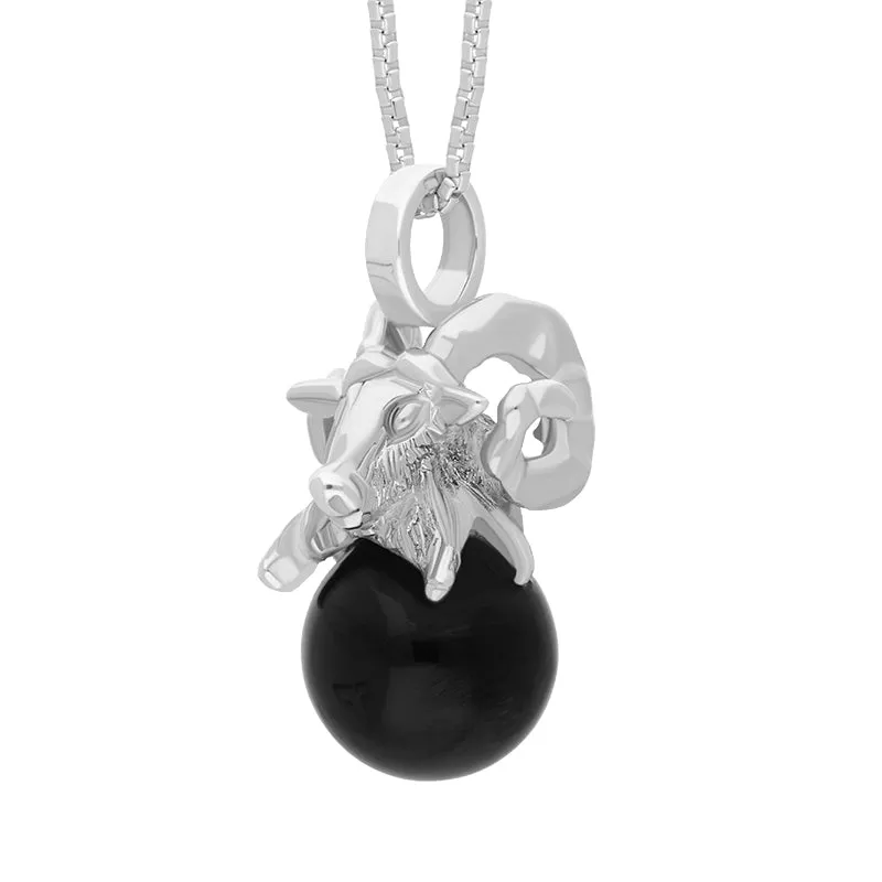 9ct White Gold Whitby Jet Zodiac Aries 8mm Bead Pendant