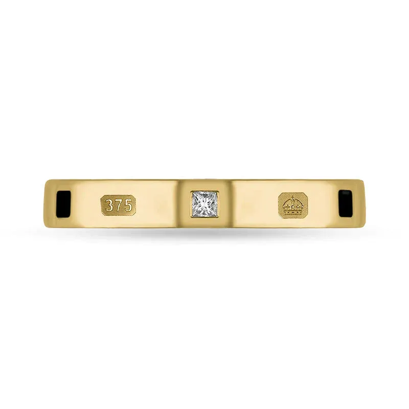 9ct Yellow Gold 0.05ct Diamond Whitby Jet King's Coronation Hallmark Princess Cut 3mm Ring D