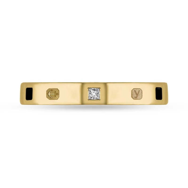 9ct Yellow Gold 0.05ct Diamond Whitby Jet King's Coronation Hallmark Princess Cut 3mm Ring D