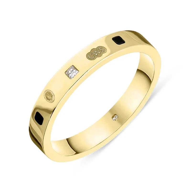 9ct Yellow Gold 0.05ct Diamond Whitby Jet King's Coronation Hallmark Princess Cut 3mm Ring D