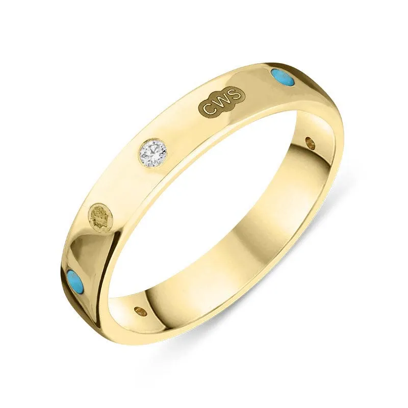 9ct Yellow Gold 0.08ct Diamond Turquoise King's Coronation Hallmark 4mm Ring D