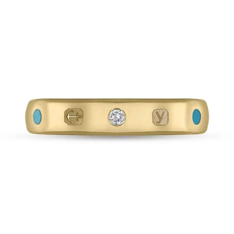 9ct Yellow Gold 0.08ct Diamond Turquoise King's Coronation Hallmark 4mm Ring D