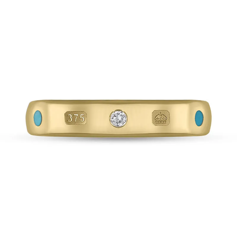 9ct Yellow Gold 0.08ct Diamond Turquoise King's Coronation Hallmark 4mm Ring D