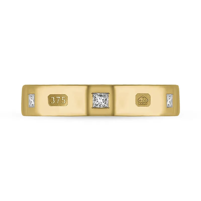 9ct Yellow Gold 0.18ct Diamond Queen's Jubilee Hallmark Princess Cut 4mm Ring D
