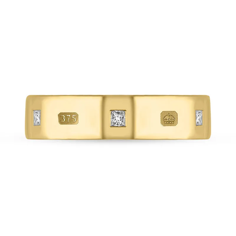 9ct Yellow Gold 0.24ct Diamond Queen's Jubilee Hallmark Princess Cut 5mm Ring D