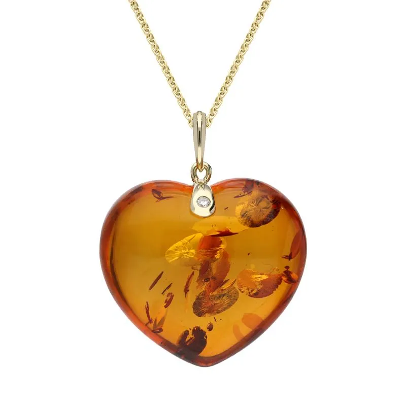 9ct Yellow Gold Amber Diamond Large Heart Necklace D